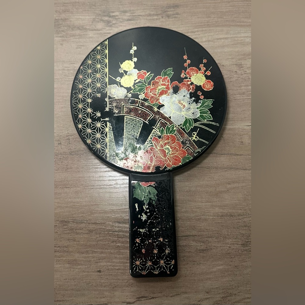 Vintage Otagiri Nesting Floral Hand Mirror‎ Handles Black Lacquer 6” Diameter.